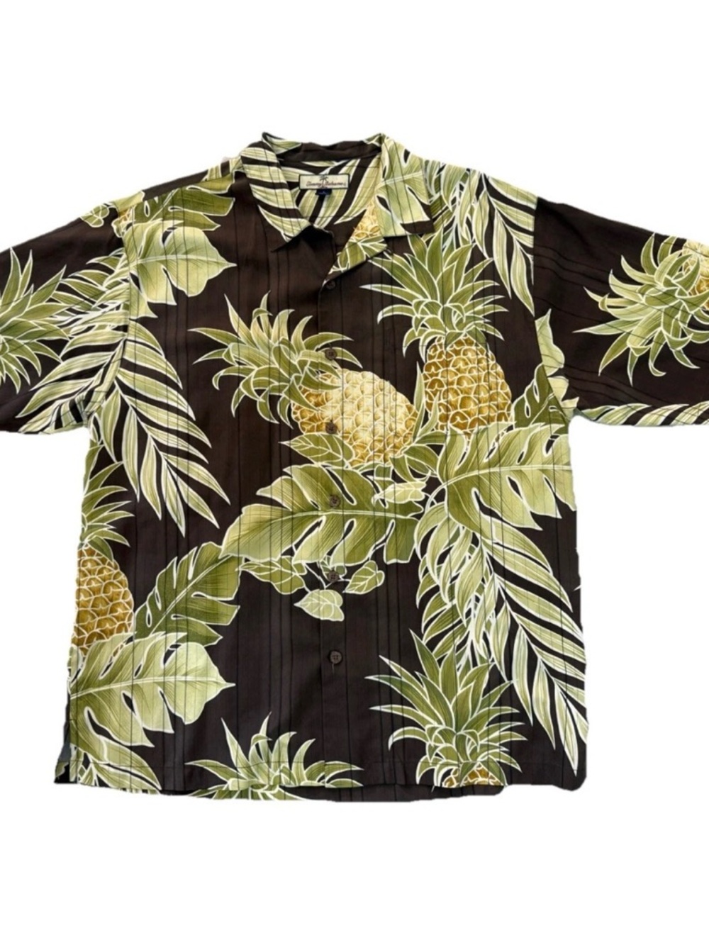 Vintage Tommy Bahama Black Pineapple & Palm Leaf Hawaiian Button-Down Cruise